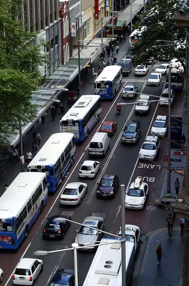 George Street before — lanes choked with buses and cars